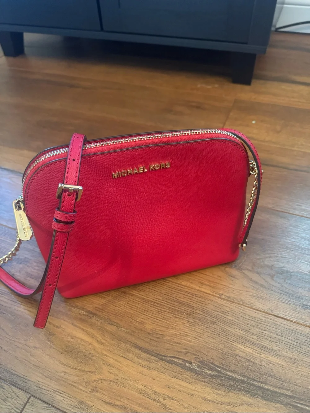 Michael Kors Red Saffiano Crossbody Camera Bag with Chain Detail